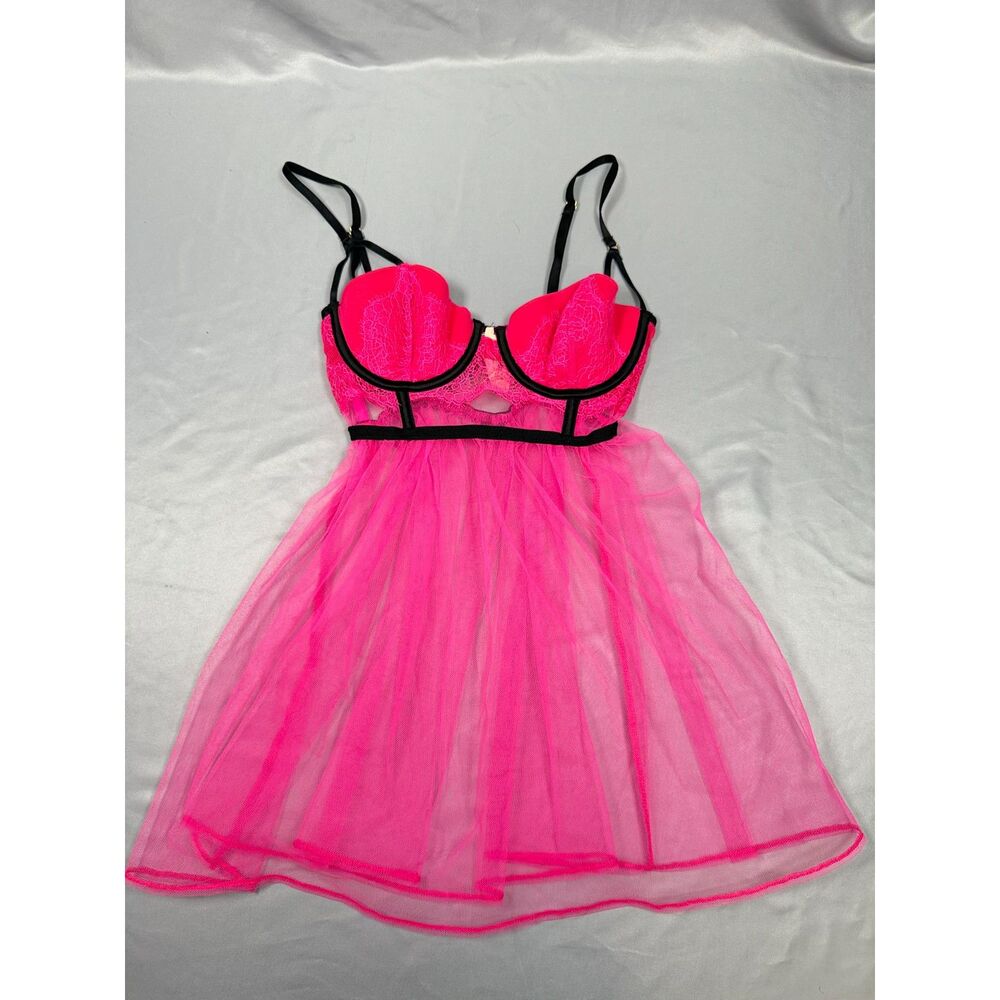NWT Victoria's Secret Pink Lace Mesh Babydoll Lingerie Chemise Slip Set 34B